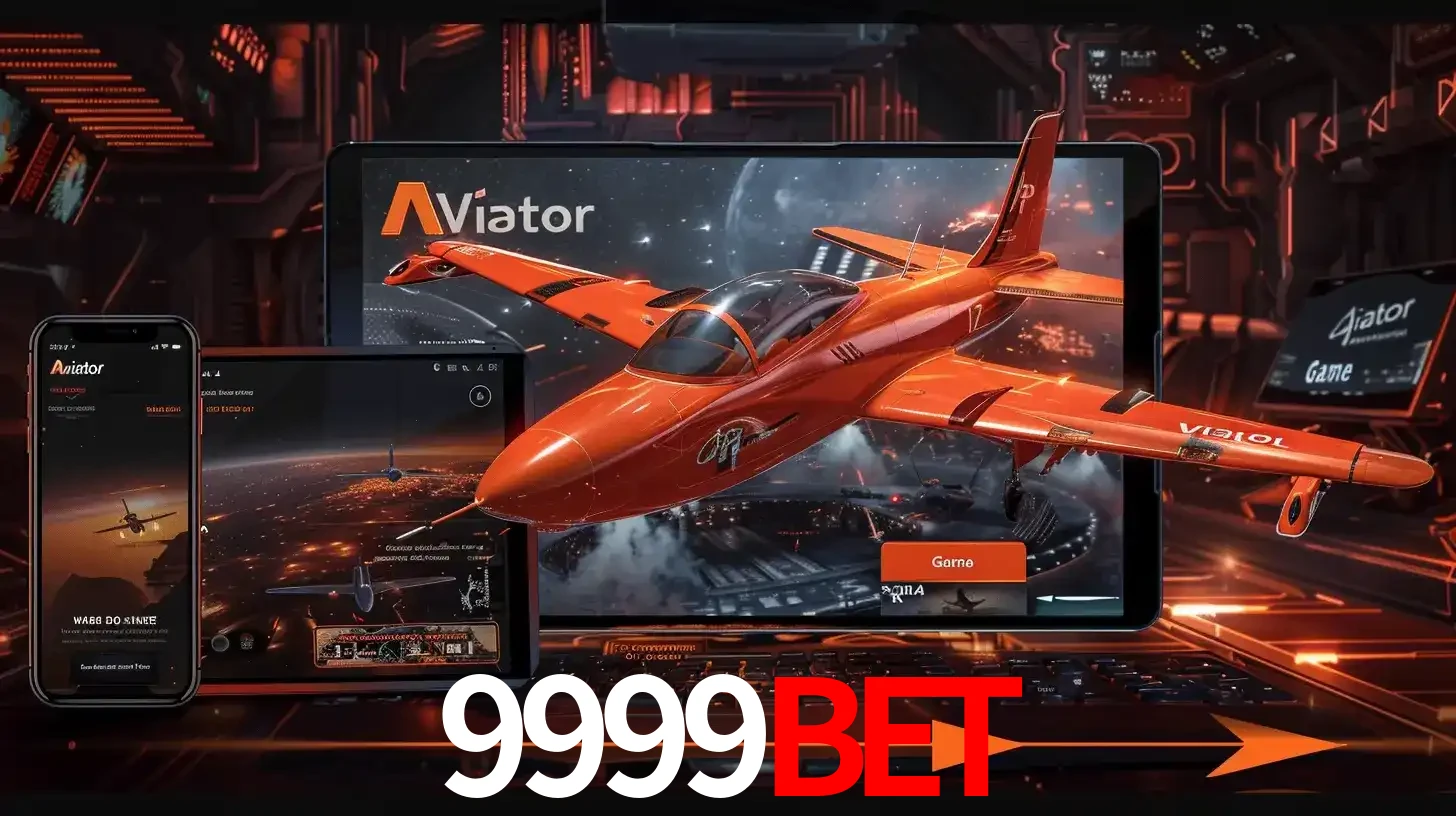 Apresentação tecnológica do jogo Aviator com um avião saindo da tela de um tablet, demonstrando a experiência imersiva em múltiplos dispositivos no 9999bet.