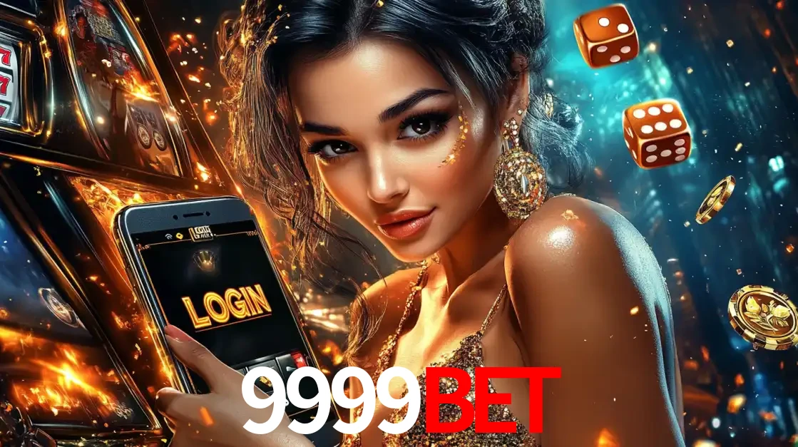 Mulher glamourosa segurando um celular com a tela de login do cassino 9999bet, rodeada por dados e moedas douradas, pronta para começar a diversão.