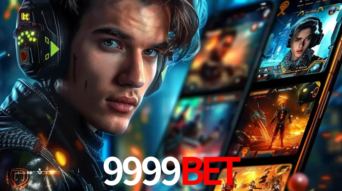 Jovem jogador com fones de ouvido olhando para a câmera, com um aplicativo de jogos e e-sports para celular ao fundo, pronto para a competição e apostas no 9999bet.