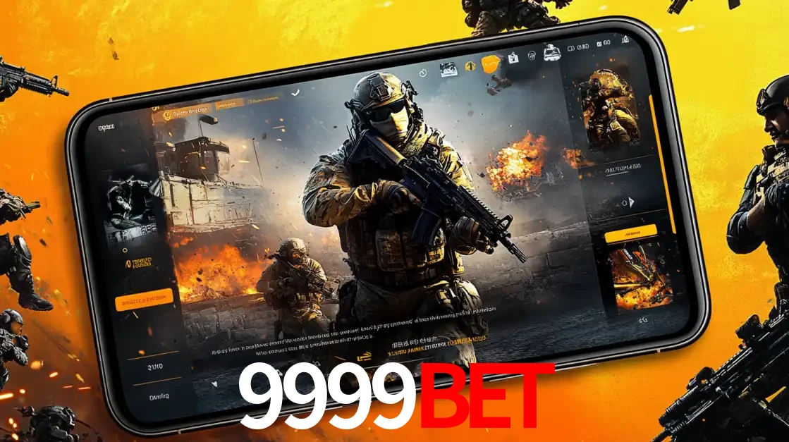 Um smartphone exibindo a interface de um jogo de tiro em primeira pessoa, com um soldado em um cenário de batalha, representando a ação dos e-sports para apostar no 9999bet.