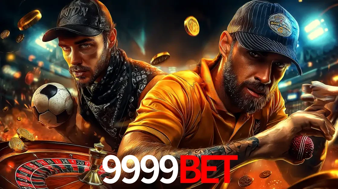 Montagem de apostas esportivas e cassino no 9999bet, com um homem segurando uma bola de futebol e outro uma de beisebol sobre uma roleta e moedas voadoras.