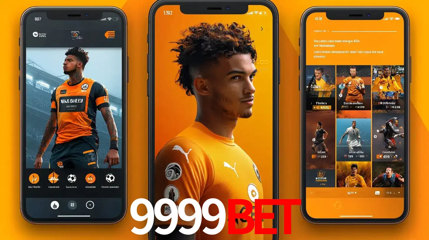 Interface do aplicativo de apostas esportivas 9999bet em três telas de celular, mostrando o perfil de um jogador de futebol e a lista de jogos disponíveis para apostar.
