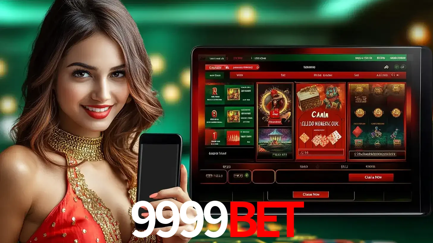 Mulher sorridente segurando um smartphone, ao lado de uma tela exibindo o lobby de jogos do cassino online 9999bet, com várias opções de jogos de cartas e slots.